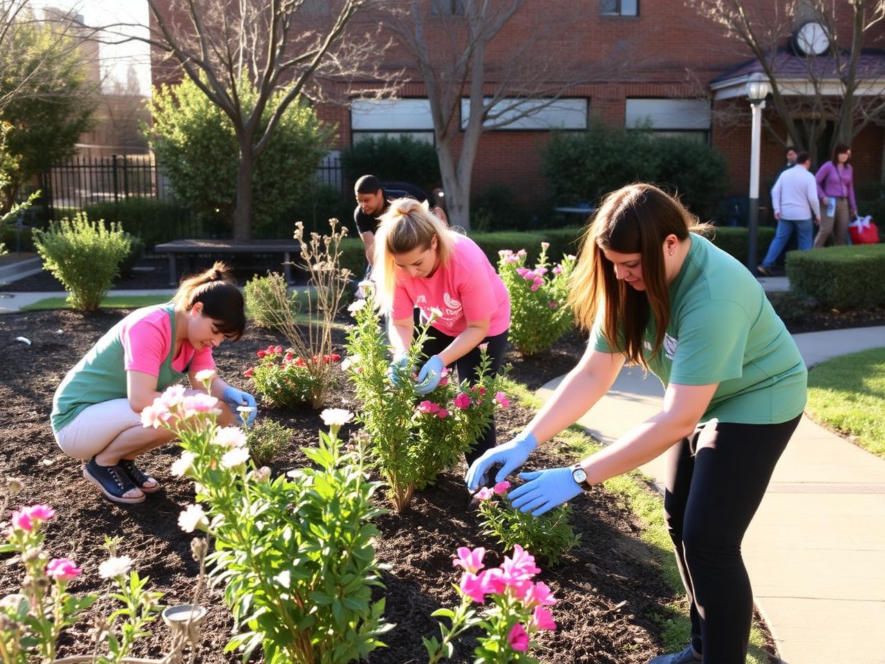 GRBA volunteers planting flowers at a community garden